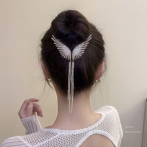 FRCOLOR Gold Hair Accessories Rhinestone Ponytail Buckle Hairpin 2pcs Pearl Hair Claw Clips with Tassel Angel Wings Bun Cover Glitter Diamond Ponytail Holder for Thick Hair Pearl Hair Clip - Image 3