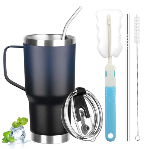 Image of 20 oz Tumbler with Handle, Stainless Steel Insulated Tumbler with Lid and Straw, Double Wall Vacuum Coffee Mug Cup, Insulated Coffee Thermal Cup for Cold and Hot (Blue Black)