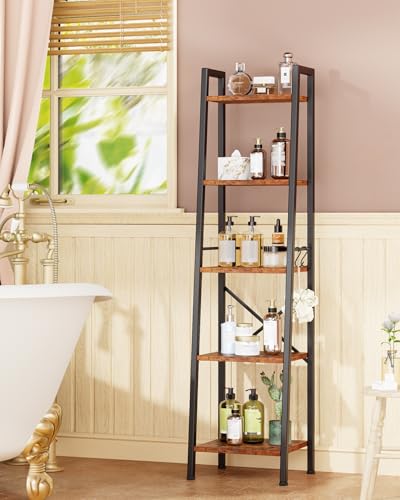 Furologee-5-Tier-Ladder-ShelfTall-Bookshelf-with-2-HooksNarrow-Bookcase-with-Storage-ShelvesCorner-Shelf-Free-Standing-Units-for-BedroomLiving-RoomHome-OfficeKitchenRustic-Brown Furologee 5 Tier Ladder ShelfTall Bookshelf with 2 HooksNarrow Bookcase with Storage ShelvesCorner Shelf Free Standing Units for BedroomLiving RoomHome OfficeKitchenRustic Brown