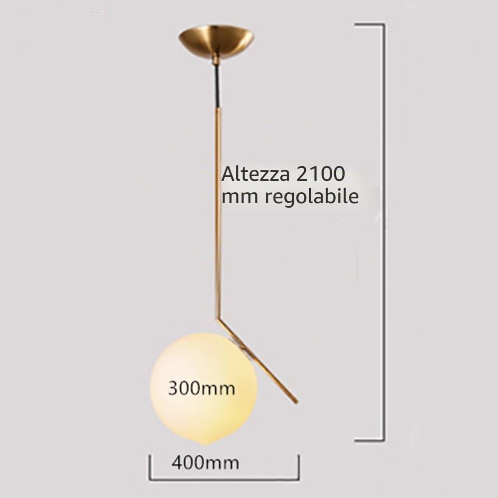 Lampada da soffitto moderna, lampada a sospensione sferica in ferro e vetro dorato, base a sospensione a lampadina E27 (30cm)