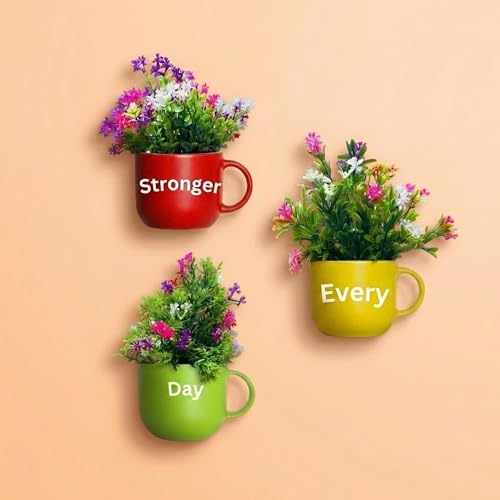 Image of Dekorly Wall Hanging Mug Planters with Artificial Flowers (20CM) - Decorative Hanging Cups, Colorful Floral Wall Decor for Living Room Bedroom Balcony Office Gift Set (3, Stronger Every Day)