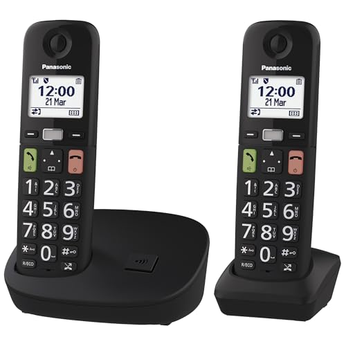 Panasonic KX-TGU112EXB Digital Cordless Phone without Answering Machine, Base Station & 2 Handsets, LCD Display, Large Buttons, Favorites Button, Hearing Aid Compatible, Black