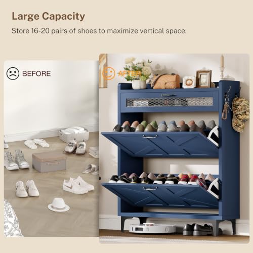 Image of TEENFON Shoe Cabinet with 2 Flip Drawers & Top Drawer, Farmhouse Narrow Shoe Storage Cabinet with Adjustable Shelves & Hooks, Freestanding Hidden Slim Shoe Rack Cabinet for Entryway, Hallway, Blue