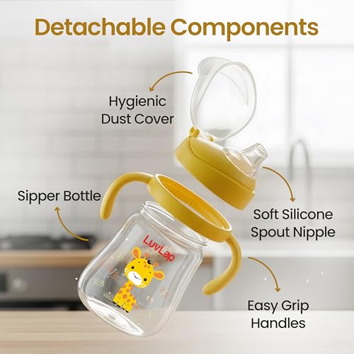 Image of LuvLap Star Anti Spill Spout Sipper for Kids with Twin Handles, 270 ml, Sippy Cups with Soft Silicone Spout and Weighted Straw, Water Bottle for Kids, Non-Toxic & BPA Free (Yellow)