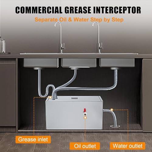 25 lbs Stainless Steel Commercial Grease Trap with 13 GPM Rate, Easy to Install, Rust-Proof, 3-Step Fractional Filtration for Restaurants, Home Kitchens & More