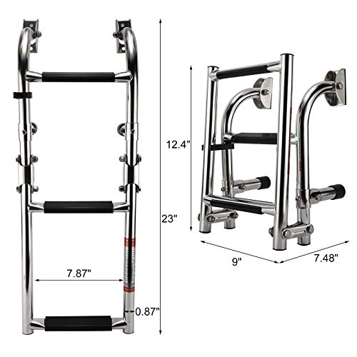 Artilife Stainless Steel Boat Ladder,Boat Foldable Stainless Steel 3 Step Ladder Marine Pontoon Ladder Polished 2 + 1 Step with Rubber Grip & Mounting Screws