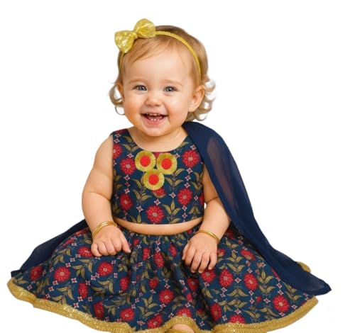 Image of A.T.U.N. (ALL THINGS UBER NICE) Baby Girls Cotton Ethnic Floral Lehenga Choli Set with Lace & Dupatta | Traditional 3-Piece Festive Outfit for Kids