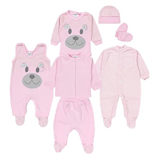 TupTam Baby Layette kläder set nyfödda grunder, 7 delar, Björnar/Rosa, 56 cm