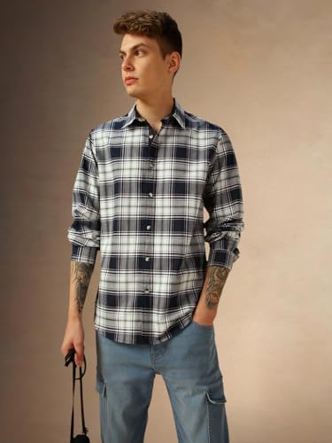 Image of Dennis Lingo Men Blue Checks Cotton Regular Fit Full Sleeve Shirts