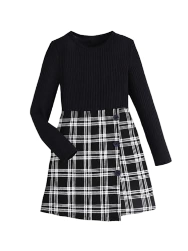 Girl's Plaid Print Button Front Mini Dress Crew Neck Long Sleeve Ribbed Knit Dresses
