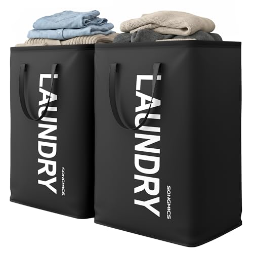 Product Image of the SONGMICS Laundry Hamper, 21.1-Gallon (80 L) Laundry Basket with Handles, Water-Repellent Storage Basket for Laundry Room, Bedroom, Bathroom, Foldable, Set of 2, Ink Black URLH002BH01