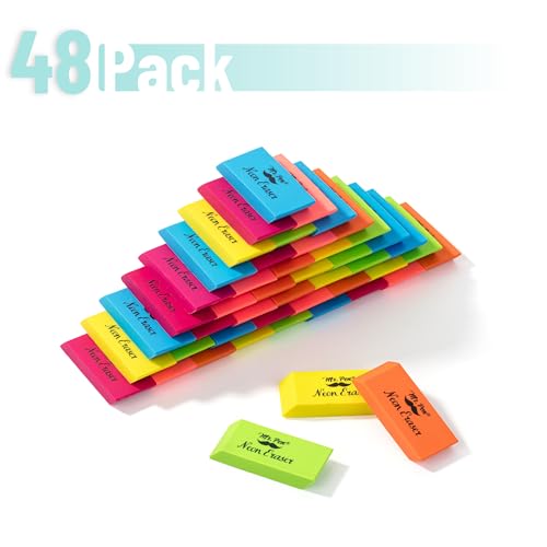Image of Mr. Pen- Pencil Eraser, 48 Pack, Neon Colors | Large Latex Free Block Erasers Bulk for School, Office, Art Sketching, Homework, Exams, Clean Smudge-Free Correction