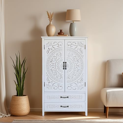 Image of French Country Farmhouse Cabinet - Decorative Storage Cabinet with Vintage White Finish Solid Wood Storage Cabinet for Multi-Room Use, Ideal as a White Sideboard Cabinet in Living Room or Dining Room