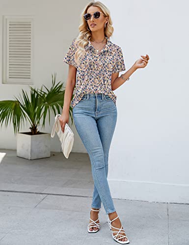 Luyaa Women's Polo T Shirts Short Sleeve Dressy Business Casual Tops Elegant Pleated Tunic Tees Pink Floral M #TOP4