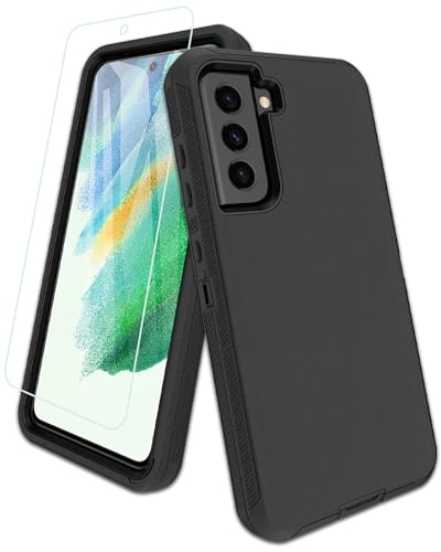 Aliruke for Samsung Galaxy S21-FE 5G Phone Case, with Screen Protector, Dust-Proof Port Cover, Full-Body Non-Slip Silicone Rubber Covered, Military Grade Drop-Proof Shockproof, Black/Black