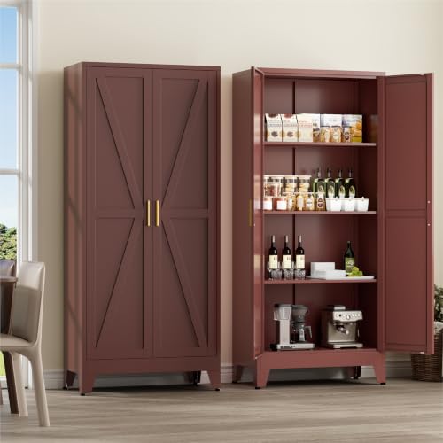 Image of LCAOPC 61 inch Tall Farmhouse Metal Pantry Cabinet, 4-Tier Freestanding Kitchen Storage Cabinet with 3 Adjustable Shelves for Living Room, Dining Room and Office, Maroon Red-Brown