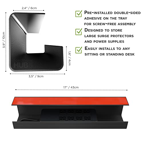 Image of No-Screw Under Desk Cable Management Tray - Self-Adhesive Installation, Cord Management, Cable Tray, Under Desk Wire Organizer - Black Set of 2