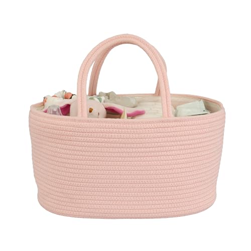 Image of JUNBOLE Diaper Caddy Organizer Cotton Rope Baby Basket Nursery Storage and Portable Tote Bag for Car Ideal Baby Shower Gifts and Registry Must-Have for Newborn Essentials large coral pink