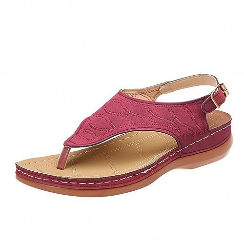 Sandalias de dedo para mujer, sandalias de piel ortopedica, de gran tamaño, sandalias de soporte para arco, suelas suaves, sandalias ligeras para baño, plantilla suave, zapatos de verano, rojo, 41 EU