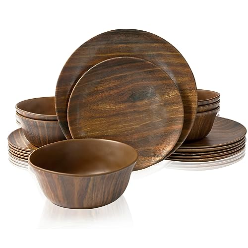 TP Juego de vajilla de melamina de 18 piezas, con cuencos y platos de ensalada, vajilla de comedor ligera irrompible, servicio para 6, grano de palisandro