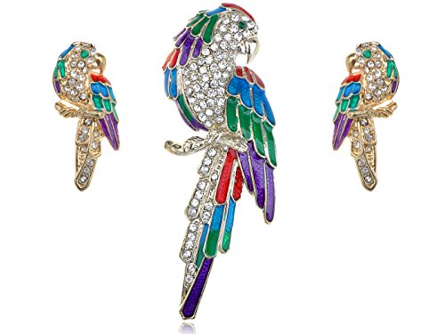 Image of Alilang Golden Tone Sparkly Clear Rhinestones Colorful Enamel Parrot Brooch and Earrings Fashion Jewelry Set