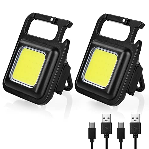 URAQT Mini Linterna LED, 2PCS Llavero Abrebotellas COB Linternas, 800 Lúmenes USB Bolsillo Linternas con Magnética Abrebotellas Gancho, Impermeable Mini Lámpara de Inspección para Camping Emergencia