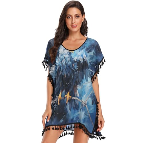 Space Blue Animal Condor Women's Beach Cover Up Chiffon Tassel Swimwear Swimsuit Coverups for Girl