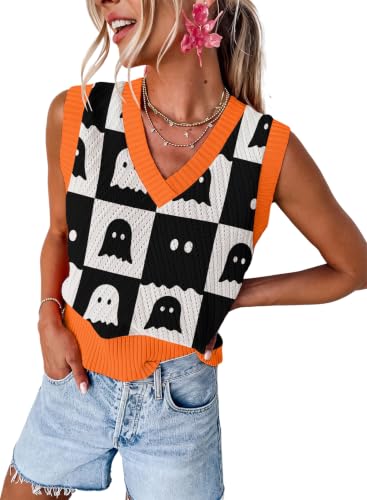 Image of MARZXIN Women Sleeveless Sweater Vest V Neck Knitted Colorful Pullover Tops