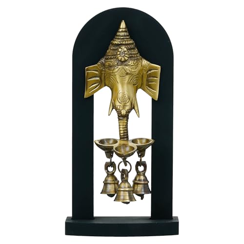 Image of eCraftIndia Golden Ganesha Brass Diya with 3 Wicks & Bells | Diwali Decoration Items for Home Decor | Gift for Diwali Housewarming