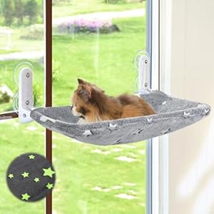 Cat Window Perch, Glow in The Dark Cordless Foldable Pet Hammock Bed for Window with Sturdy Metal Frame, Glowing Stars Pattern Resting Seat for Indoor Cats (Stars – M)