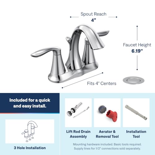 Image of Moen Eva Chrome Two-Handle Centerset Bathroom Sink Faucet with Drain Assembly for 3-hole Installation Setups, 6410