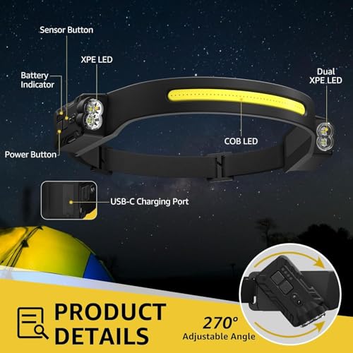 Linterna frontal recargable con sensor de movimiento y haz de luz continuo 2