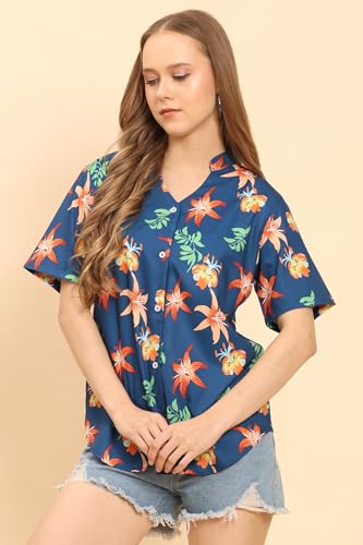 Image of Womens Casual Shirt Soft Beach Shirts Floral Tropic Print V Neck T-Shirt Short Sleeve Button Up Tops