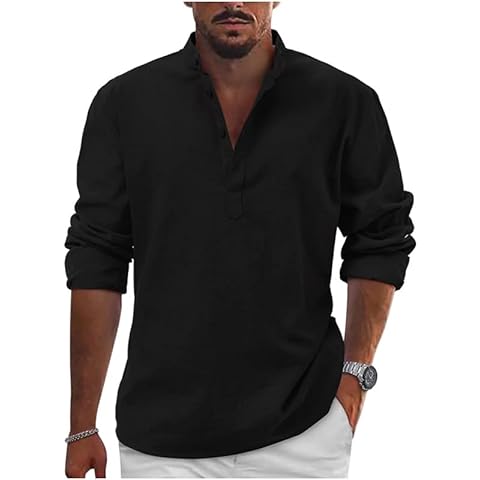 Causal Men’s Regular Fit Linen Henley Shirts Long Sleeve Shirt Lightweight Beach Tropical Top Black Cover