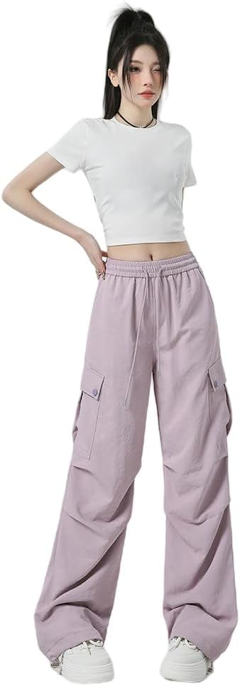 JYHBHMZG Women's American Style Spring Lightweight Loose Fit High Waist Casual Wide Leg Cargo Pants