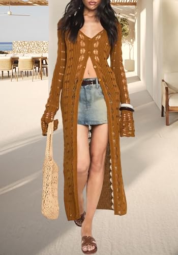 Image of Unybwonn Long Cardigans for Women Crochet Hollow Out Knit Sweater Cover up Maxi Dress Long Sleeve Button Down Cardigan