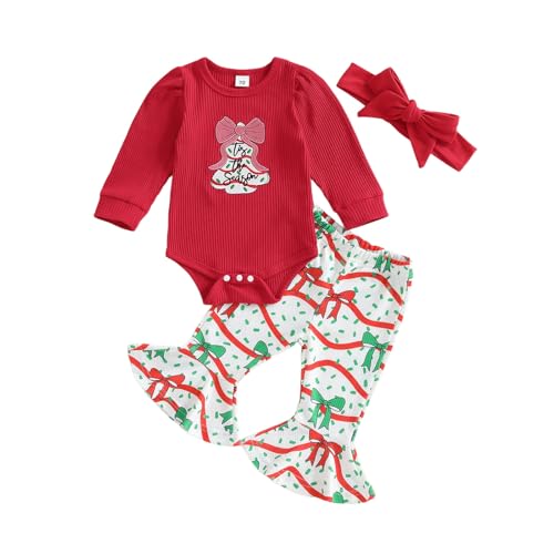 My First Christmas Baby Girl Outfit Newborn Puff Long Sleeve Ribbed Knit Romper Flare Pants Headband 3Pcs Set