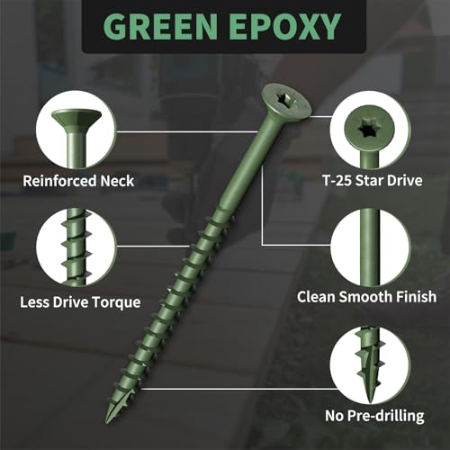 Image of Wood Screws 3 Inch, FIXLINK Deck Screws #10 x 3, 105 PCS, Epoxy Coated, T25 Star Bit Above 1500 Hour Salt Spray Coating Outdoor Decking Screws Excellent Rust Resistant for Wood Fence, Green