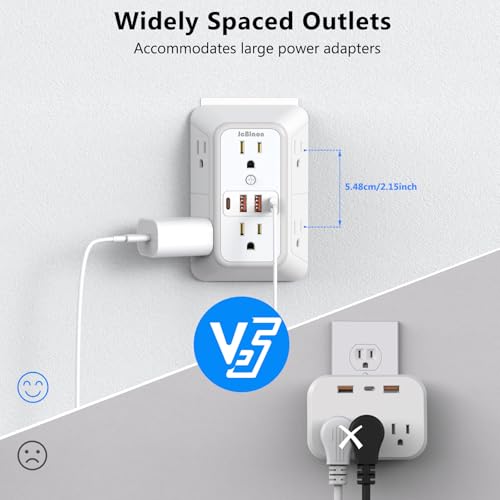 2 Pack Outlet Extender Surge Protector, 6 Outlet Splitter with 4 USB Outlet (2 USB A,2 USB C), 3Sided Power Strip with Adapter Spaced Outlets for Home, Office, Travel(White) image 5