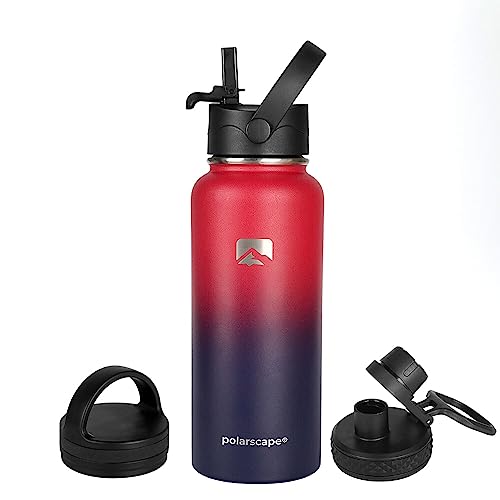 Polarscape Stainless Steel Insulated Water Bottle with Straw, Metal Water Bottle, Includes 3 Lids, 2 Straws, and Straw Brush