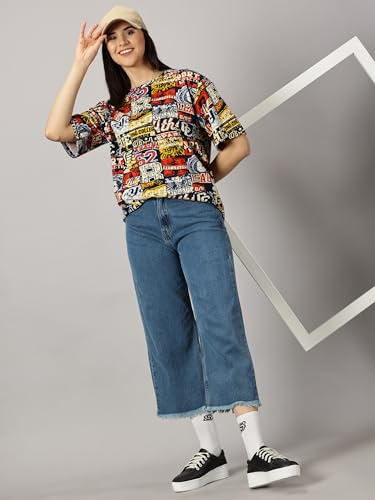Image of RodZen Oversized Loose Fit Half Sleeves Cotton Round Neck Printed T-Shirt for Womens /Girls