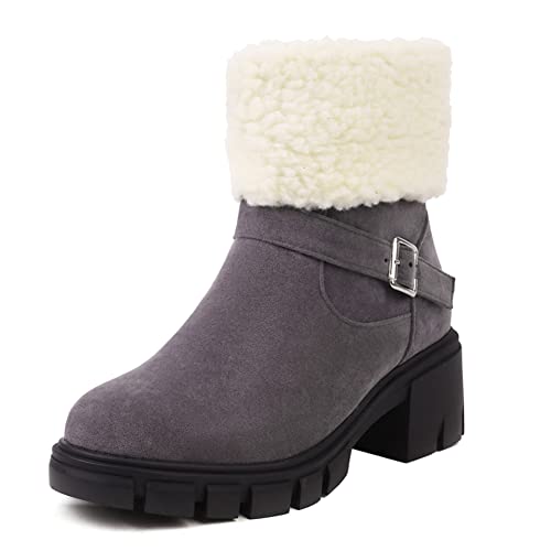 Image of LIPIJIXI Low Heel Winter Boots for Women Side Zipper Suede Buckle Warm Boots Chunky Heel Snow Boots Round Toe Faux Fur Snow Ankle Boots Grey size 43