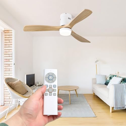 HYBEC   Ventilador techo grande 132 cm con luz LED 20W | Motor DC silencioso | 3 aspas madera natural | Mando con temporizador y función invierno/verano | Diseño moderno sin barra