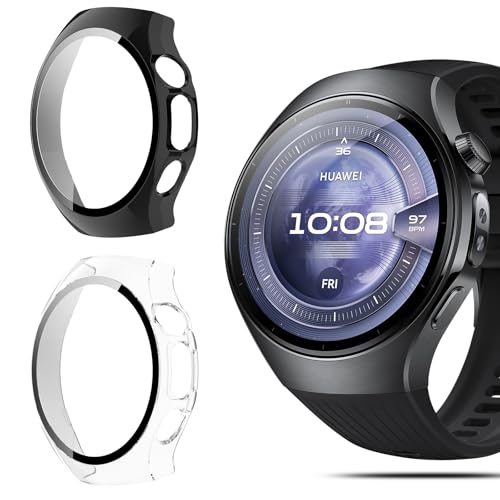 QULLOO Cover per Huawei Watch 5 46mm Morbida TPU Protettiva Custodia in Utrasottile con Pellicola Protezione Schermo per HuaWei Watch Fit 4 (Nero + Trasparente)