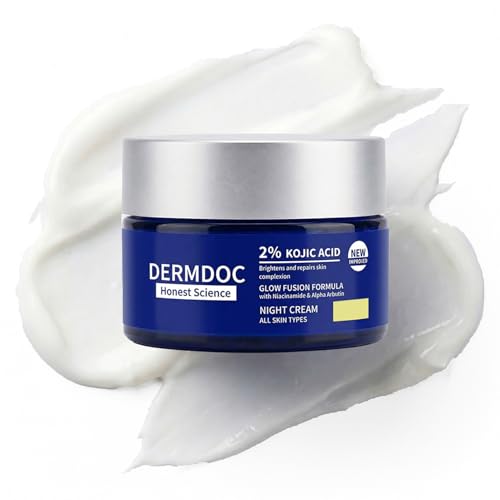 Image of DERMDOC 2% Kojic Acid Glow Fusion Formula Night Cream, 80gm | Niacinamide & Alpha Arbutin | Skin Brightening Face Cream | Reduces Dark Spots & Pigmentation | Even & Glowing Skin