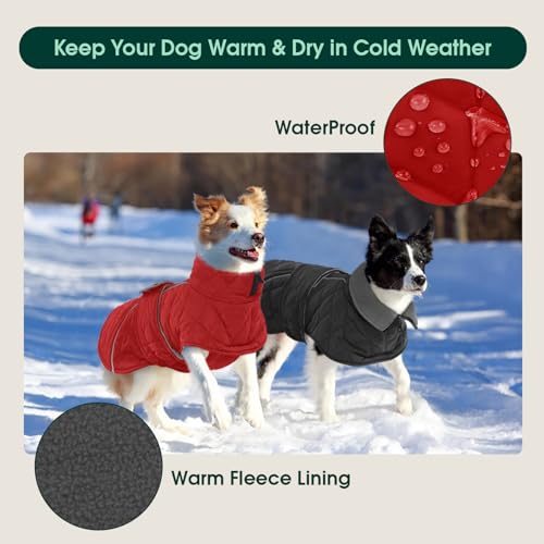 Kuoser Hundemantel Wasserdich Winterjacke für Große Hunde, Warmer Hunde Mantel mit Fleece, Reißverschluss-Leinenöffnung, 2XL Rot