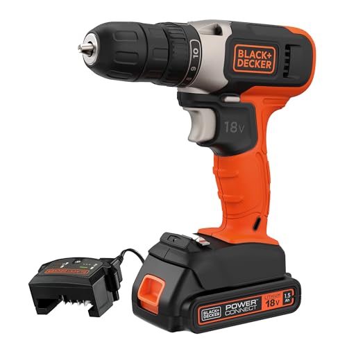BLACK+DECKER 18V Cordless 37Nm Torque Drill Driver with LED Worklight 1.5Ah Battery & Charger BCD001C1-GB