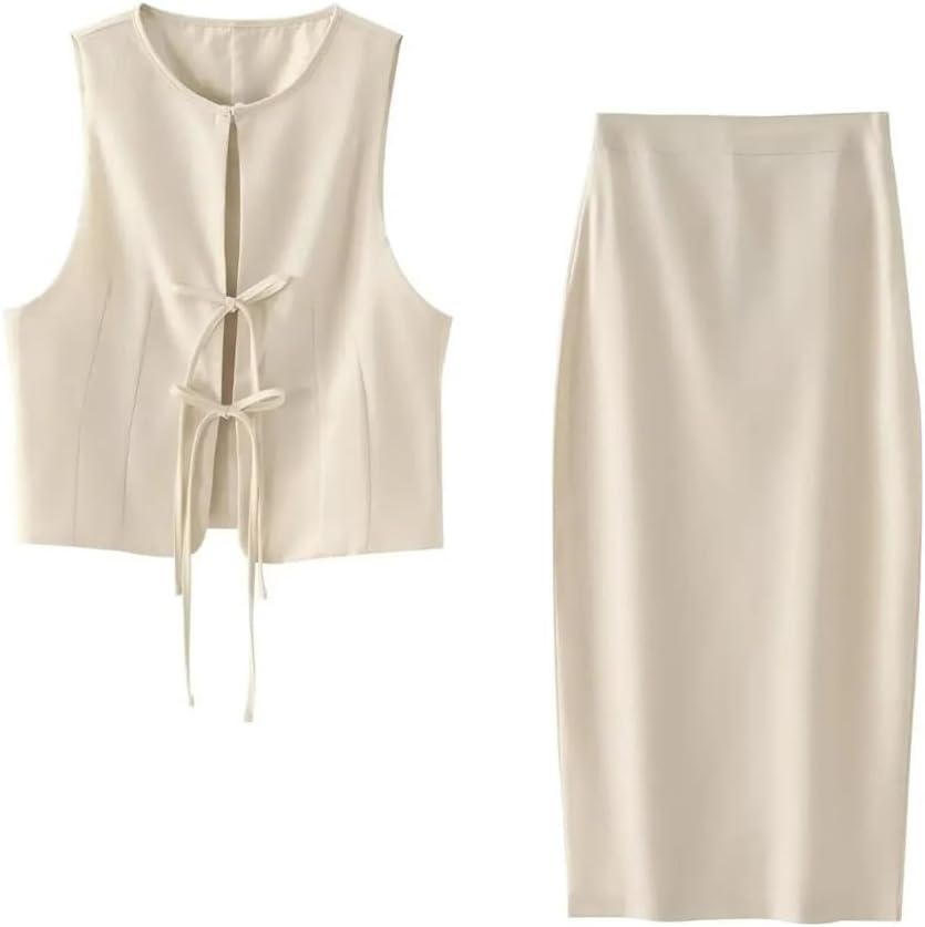 2 Piece Set for Women Lace-Up Tank Top Round Neck Sleeveless Shirt and High Waist Midi Skirt with Side Zipper Outfit