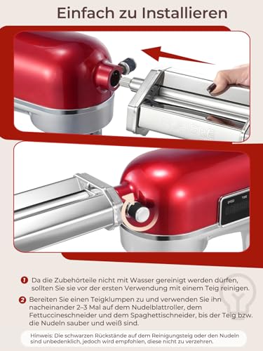 FOHERE Nudelaufsatz Nudelblattroller für KitchenAid Küchenmaschine, Pasta Maker Zubehör Mit Nudelblattroller und Reinigungsbürste (7 Einstellbare Dicken)