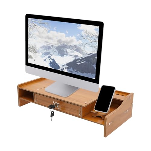 RjcdOPL - Soporte para pantalla de ordenador con cajón, organizador de escritorio de madera, ahorro de espacio, para guardar monitor, carpetas, cuadernos, suministros escolares